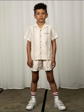 NWT Mini Rodini Organic Cotton And Boys Short Set - Cream Striped Shirt & Shorts